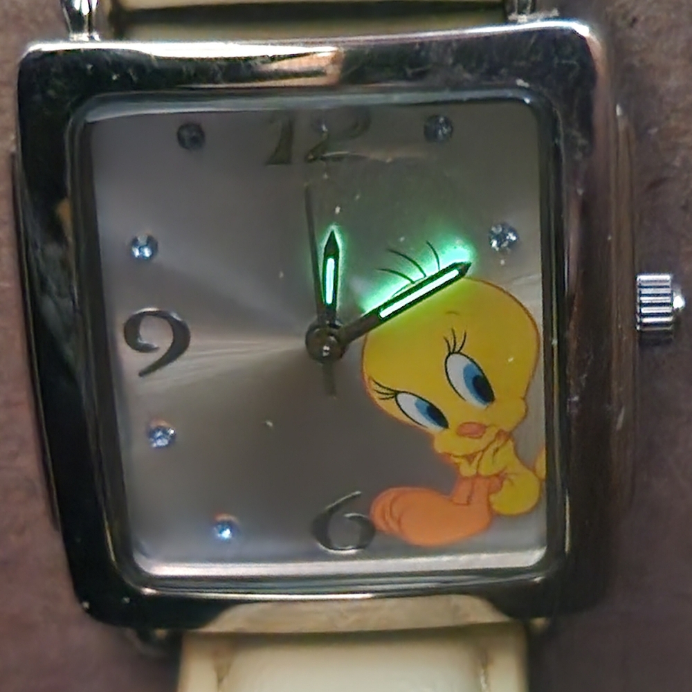 Vintage Glow-in-Dark Hands Looney Tunes Ladies Watch Tweety Bird, Blue Crystals